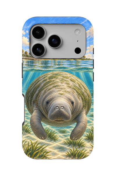 Blue Spring Manatee tough phone case, back view on white