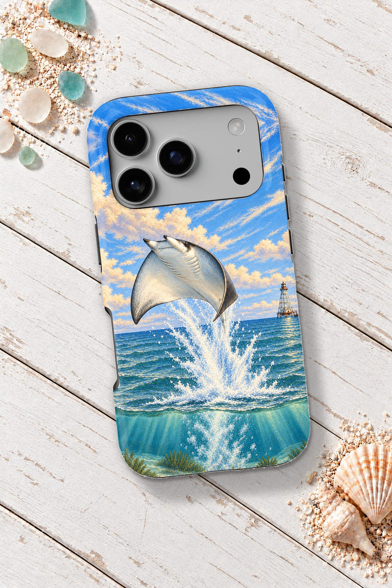 Alligator Reef Leaping Ray tough phone case on a white wooden table