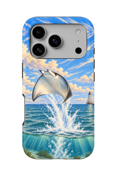 Alligator Reef Leaping Ray tough phone case, back view on white
