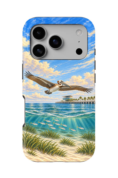 St. Pete Pier Pelican Flight tough phone case, back view on white