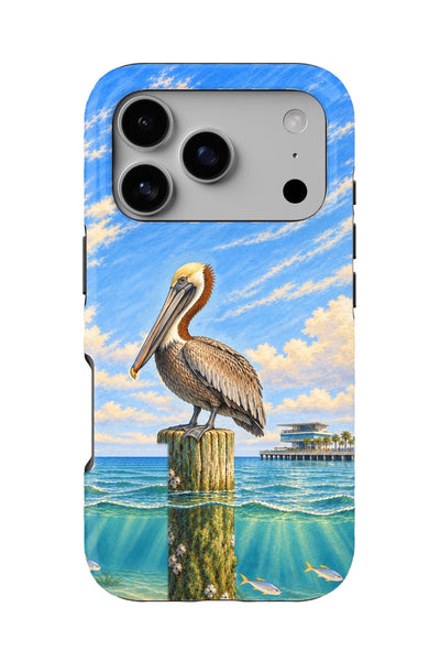 St. Pete Pier Pelican Perch tough phone case, back view on white