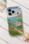 La Jolla Harbor Seal tough phone case on a white wooden table