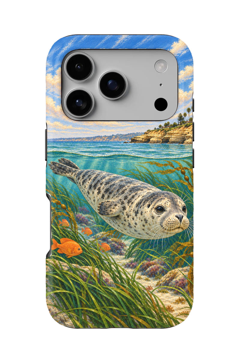 La Jolla Harbor Seal tough phone case, back view on white