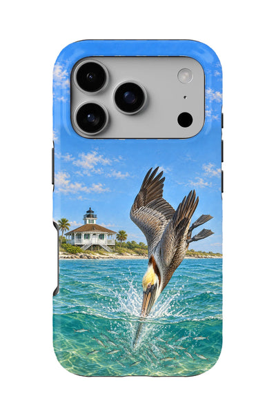Boca Grande Pelican Dive tough phone case, back view on white