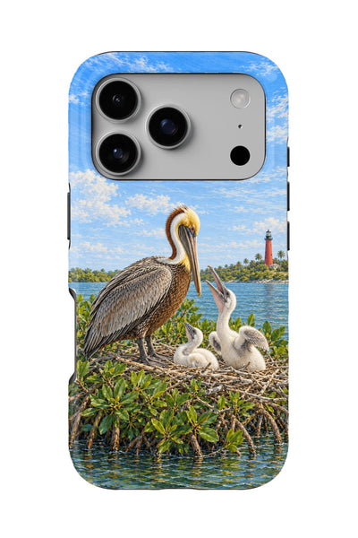 Jupiter Inlet Pelican Nest tough phone case, back view on white