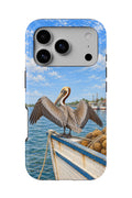 Tarpon Springs Pelican Sunning tough phone case, back view on white