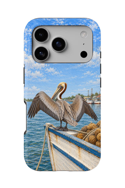 Tarpon Springs Pelican Sunning tough phone case, back view on white