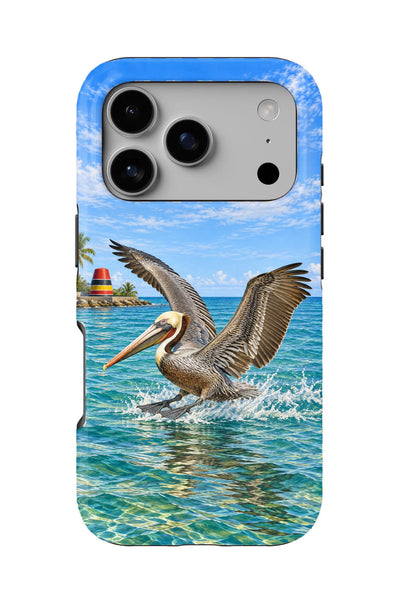 Key West Pelican Landing tough phone case, back view on white