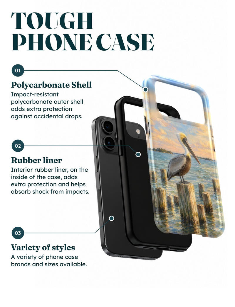 Tough phone case layers: polycarbonate shell, rubber liner, made for many phone models